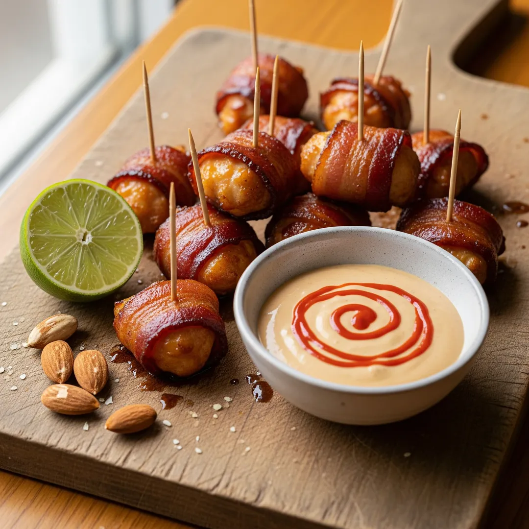 Honey Glazed Bacon Wrapped Chicken Bites with Spicy Almond Dipping Sauce