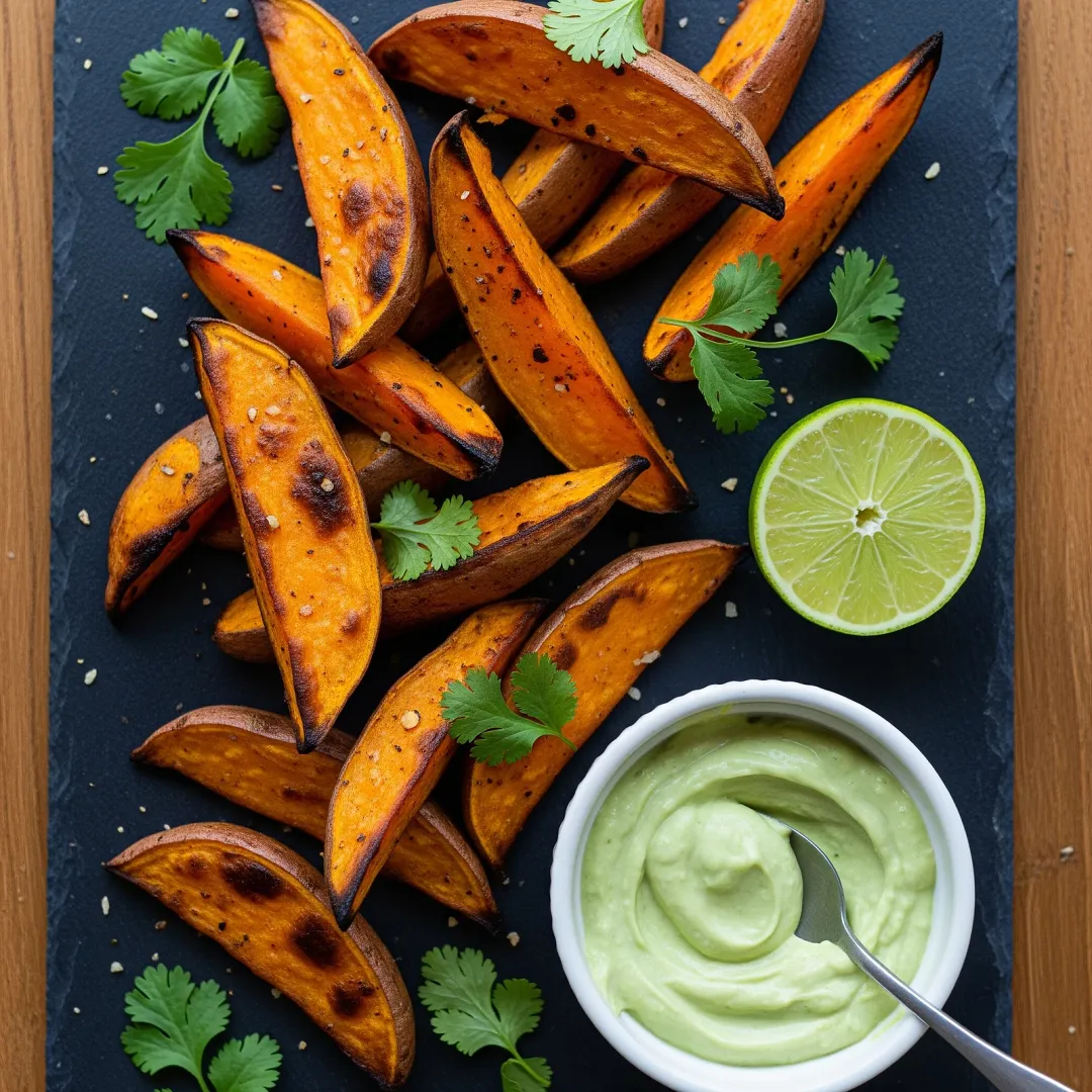 Chili-Lime Baked Sweet Potato Wedges with Smoky Avocado Crema