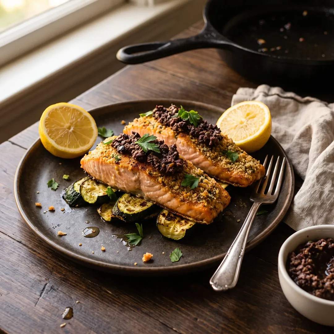 Garlic Herb Skillet Salmon with Roasted Zucchini and Olive Tapenade
