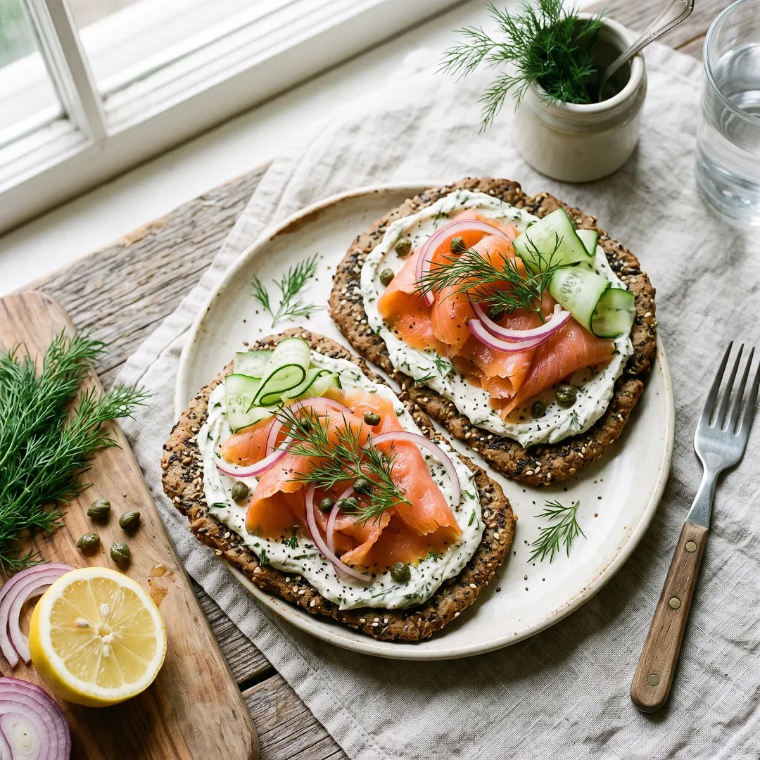 Smoked Salmon Breakfast Stack with Paleo Everything Flatbread and Whipped Herb Cashew Cream