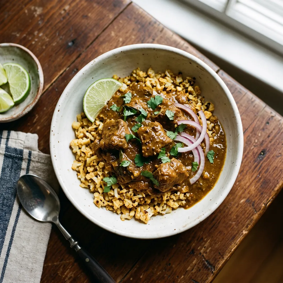 Kerala-Style Veal Coconut Curry with Roasted Cauliflower Rice