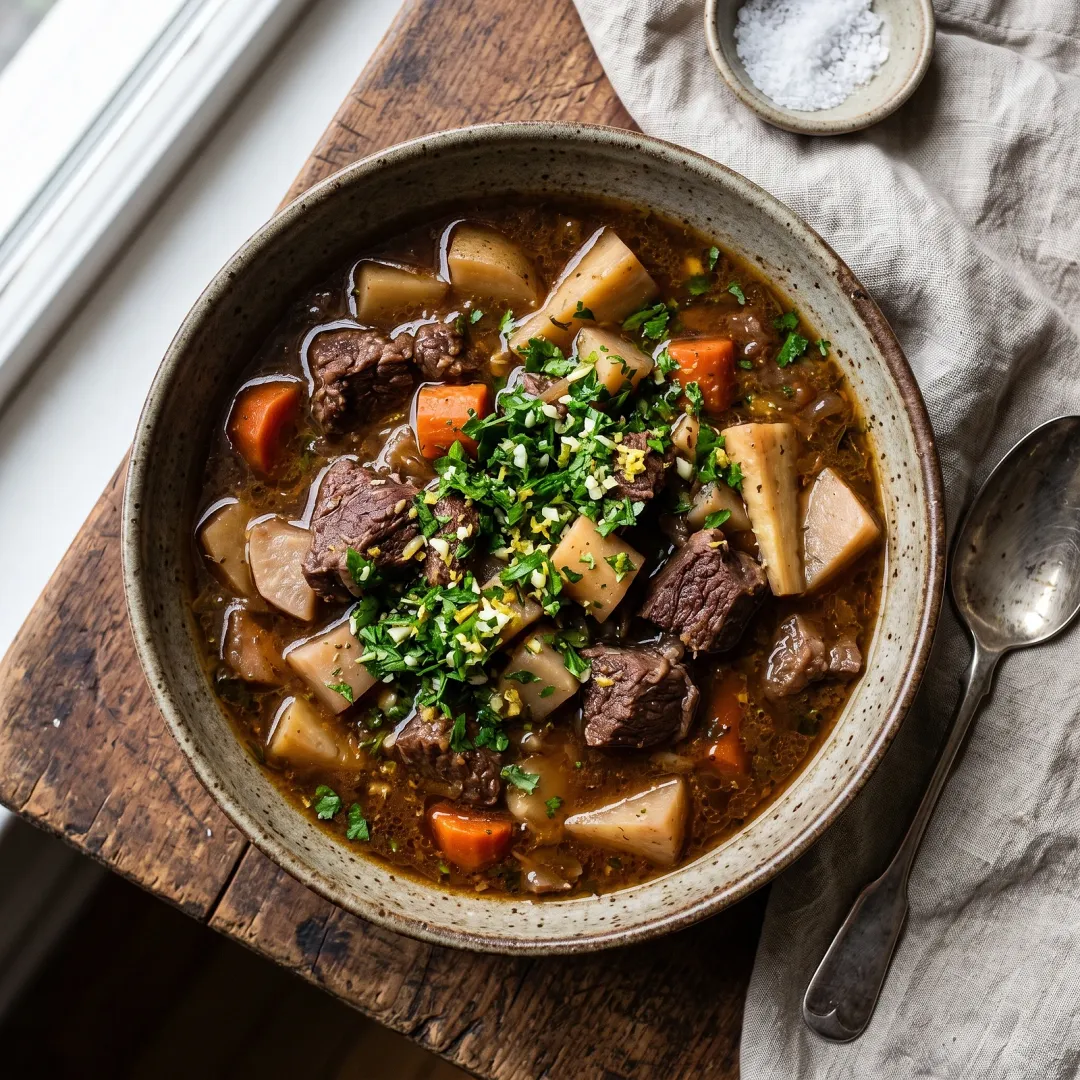 Lacto-Fermented Elk Stew with Root Vegetables and Fresh Herb Gremolata