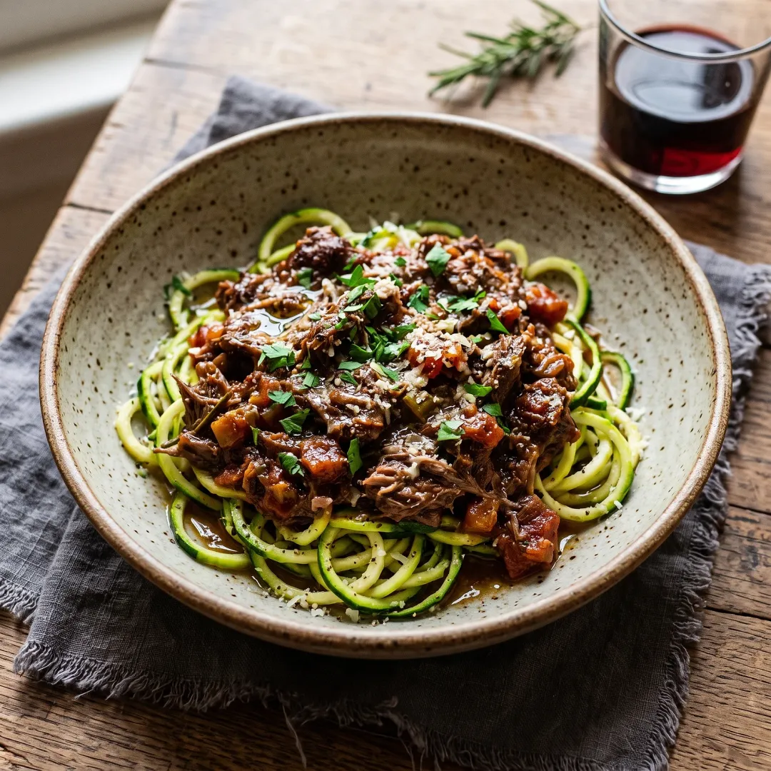 Tuscan-Style Slow-Simmered Wild Boar Ragu with Zucchini Noodles