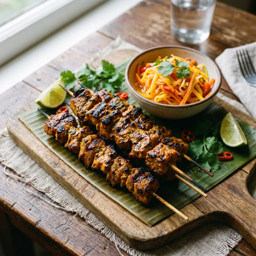 Filipino Lamb Skewers with Coconut Vinegar Atchara Slaw