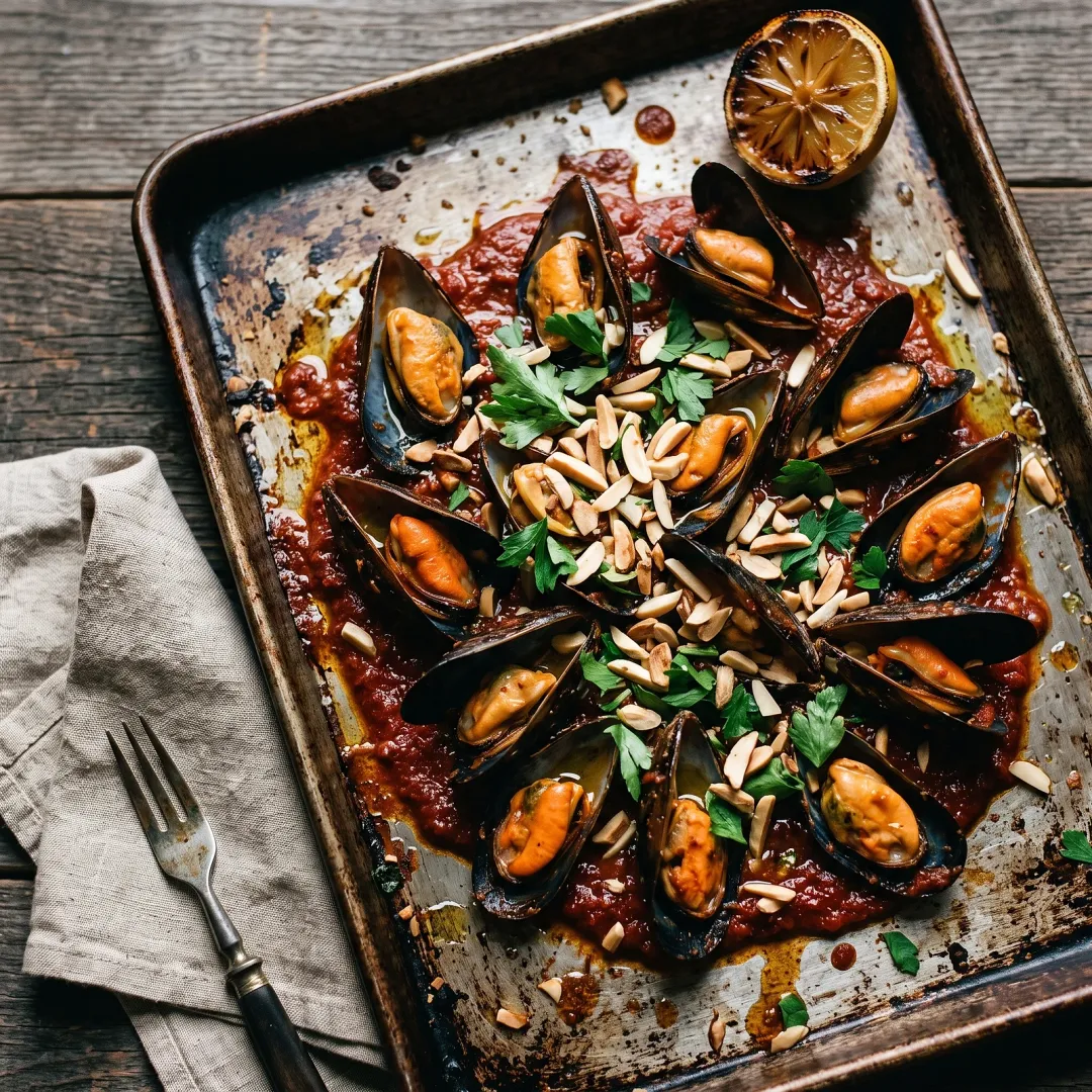 Sheet Pan Mussels with Romesco-Style Tomato Sauce and Toasted Almonds