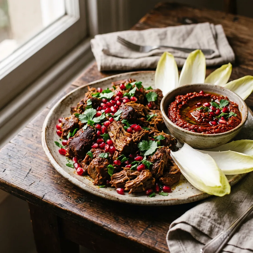 Slow Cooker Moroccan Spiced Goat Bites with Pomegranate Harissa Dip. AI-generated image.