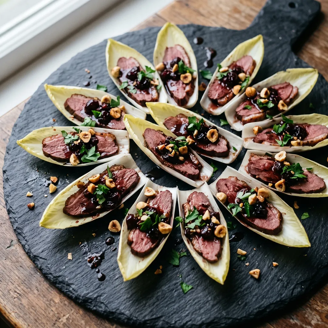Smoked Duck Endive Bites with Cherry Balsamic Reduction and Toasted Hazelnuts. AI-generated image.