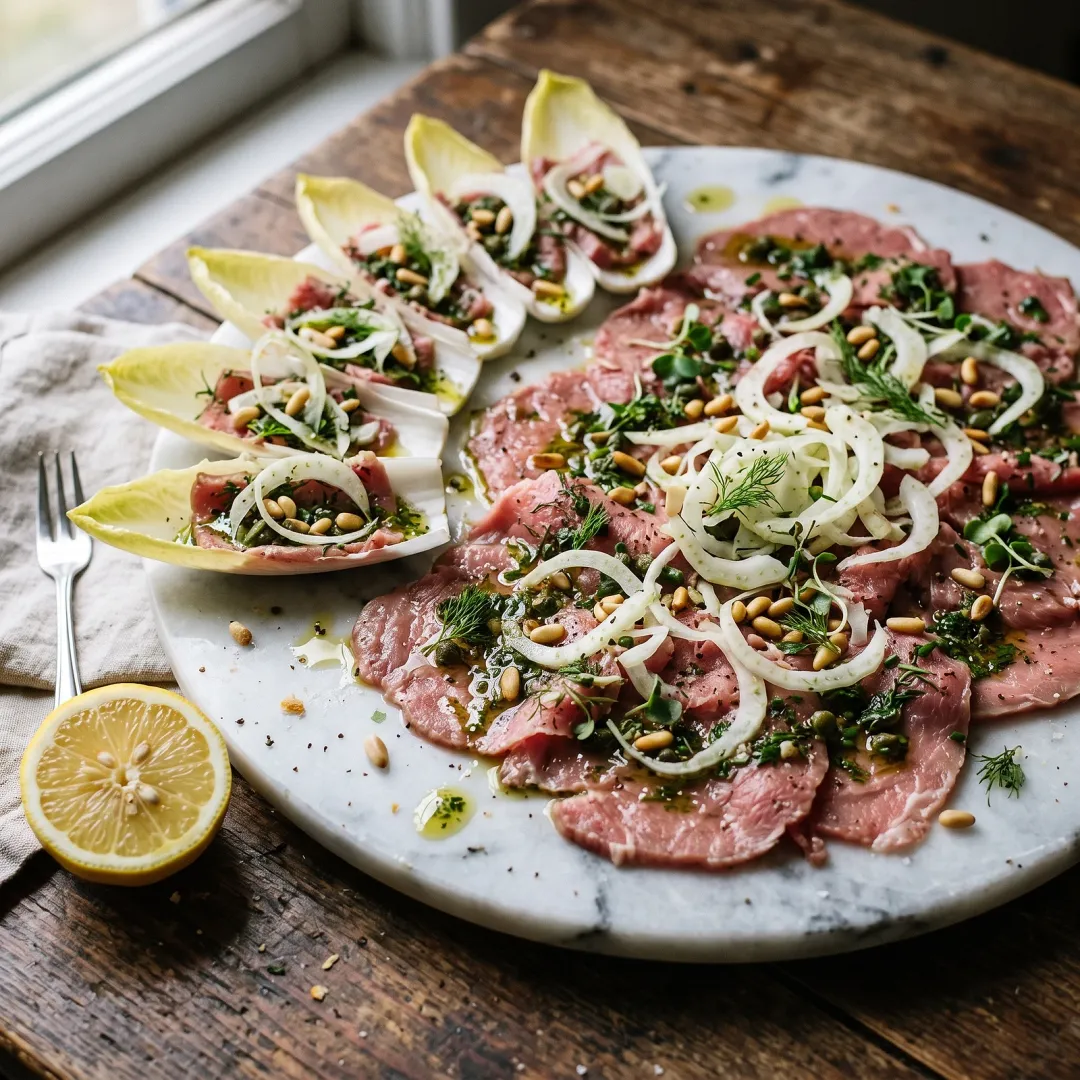 Veal Carpaccio-Style Bites with Caper Herb Oil and Shaved Fennel