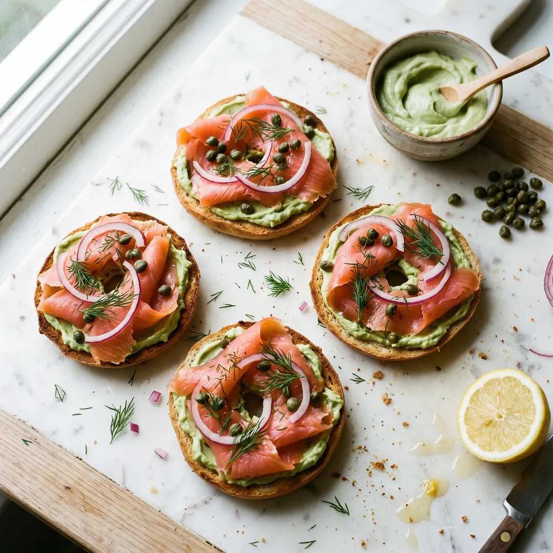 Lox and Whipped Avocado Cream on Cassava Flour Bagel Thins. AI-generated image.