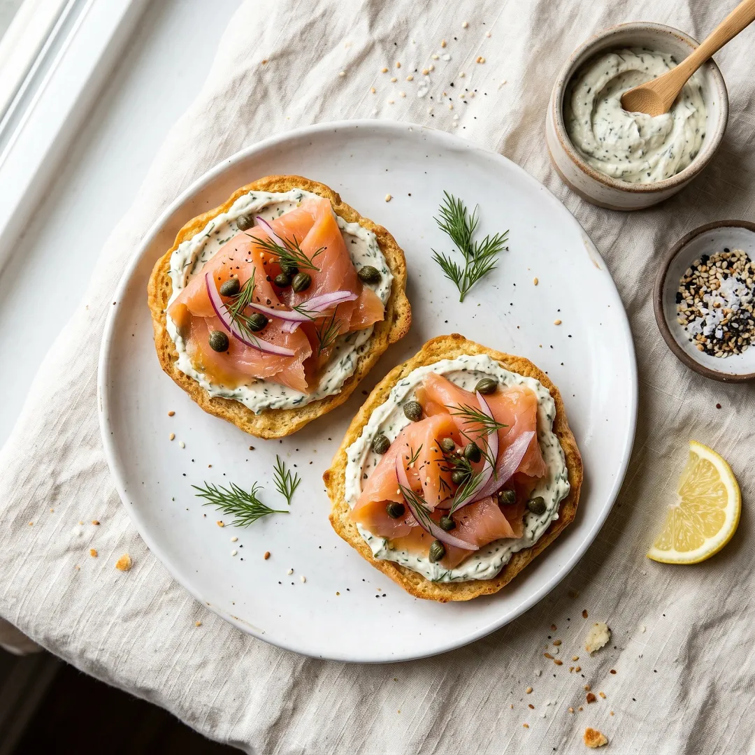 Paleo Cloud Bagel Rounds with Lox and Whipped Herb Cashew Cream