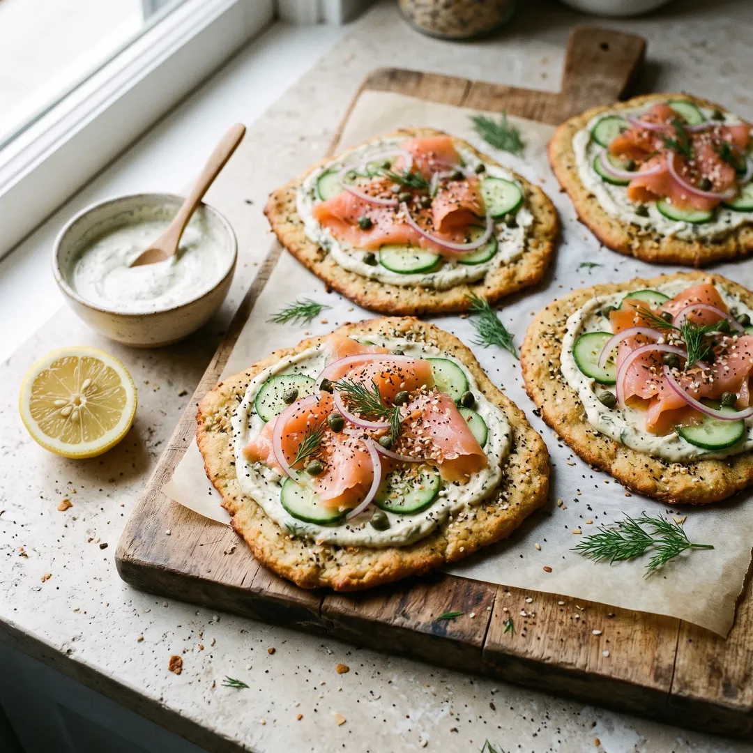 Paleo Lox and Cashew Cream Breakfast Flatbread with Everything Seasoning. AI-generated image.