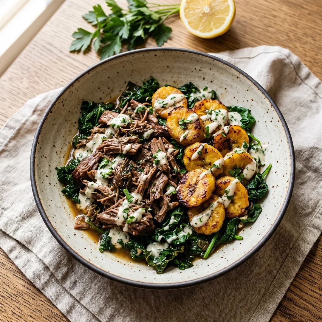 Slow-Braised Pork with Caramelized Plantains and Garlic Herb Coconut Drizzle