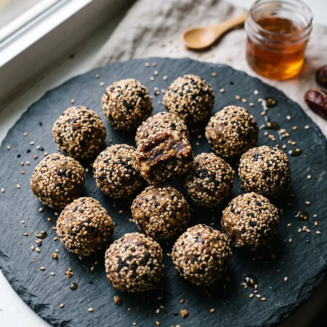 Korean No-Bake Sesame Date Bites with Black Sesame and Honey. AI-generated image.