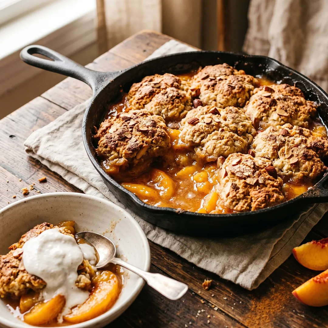 Skillet Peach Cobbler with Almond Biscuit Topping and Vanilla Coconut Cream