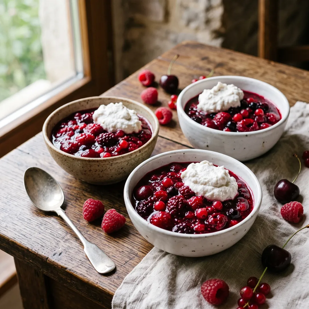 Rote Grütze Paleo Berry Pudding with Whipped Coconut Cream. AI-generated image.