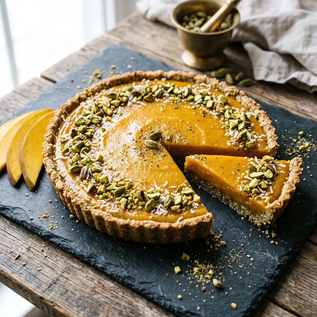 Spiced Mango Cardamom Tart with Pistachio Coconut Crust. AI-generated image.