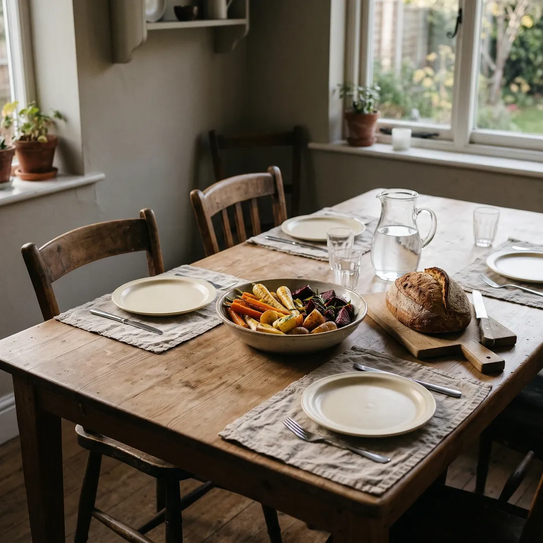 A long table set with simple plates, a bowl of roasted vegetables and a loaf to share, in a dining room with the table laid for more than one, in warm late-afternoon light.