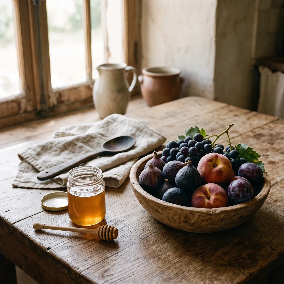 A wooden bowl of ripe figs, grapes and stone fruit beside a jar of honey, in a sunlit farmhouse kitchen with a worn wooden table. AI-generated image.