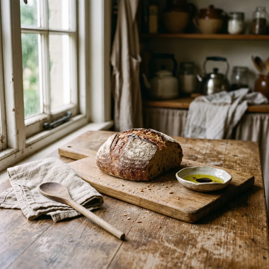 A rustic loaf of bread on a wooden board with a small dish of olive oil, in a sunlit farmhouse kitchen with a worn wooden table. AI-generated image.