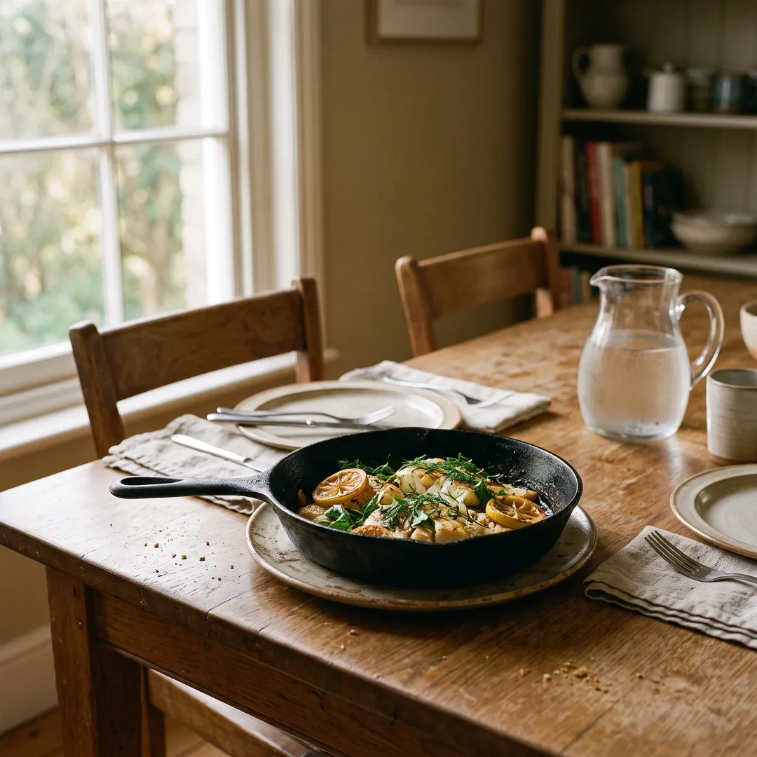 A cast-iron skillet of pan-seared fish with lemon and herbs on a plain plate, in a dining room with the table laid for more than one, in warm late-afternoon light. AI-generated image.