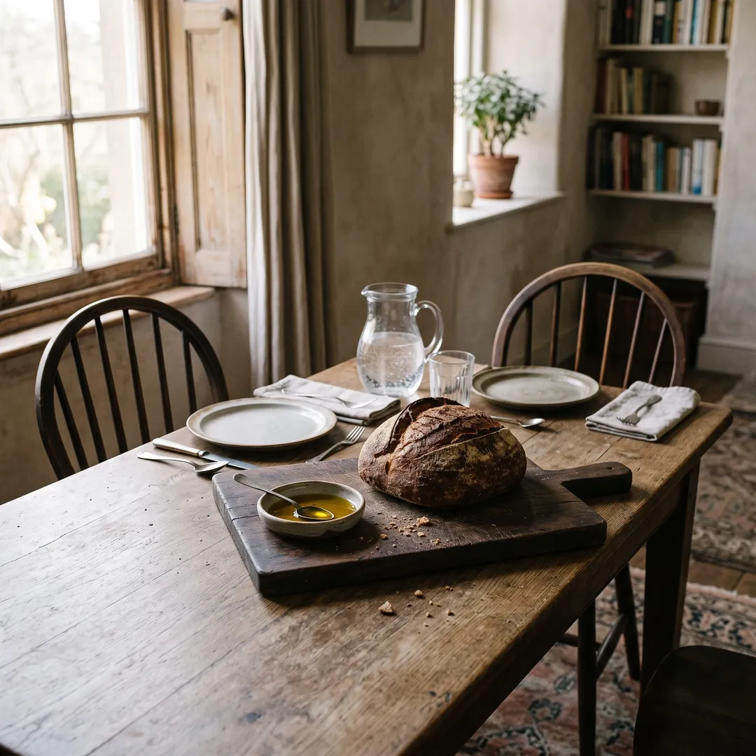 A rustic loaf of bread on a wooden board with a small dish of olive oil, in a dining room with the table laid for more than one, in warm late-afternoon light. AI-generated image.