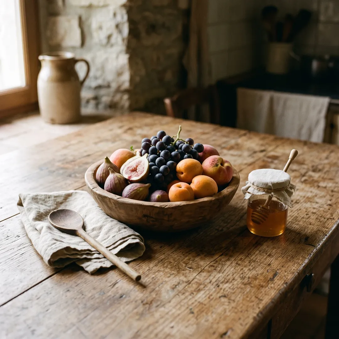 A wooden bowl of ripe figs, grapes and stone fruit beside a jar of honey, in a sunlit farmhouse kitchen with a worn wooden table. AI-generated image.