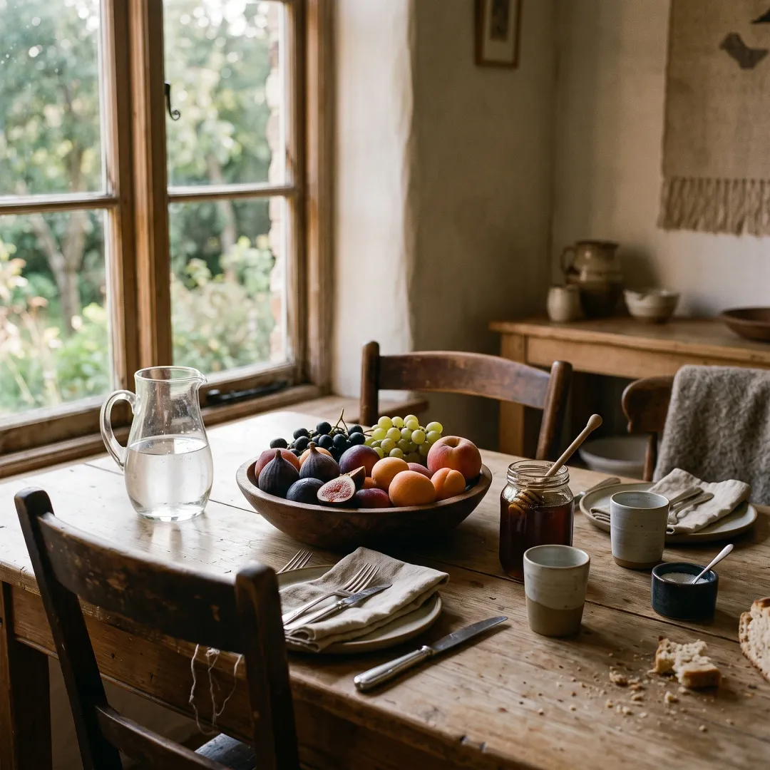 A wooden bowl of ripe figs, grapes and stone fruit beside a jar of honey, in a dining room with the table laid for more than one, in warm late-afternoon light. AI-generated image.
