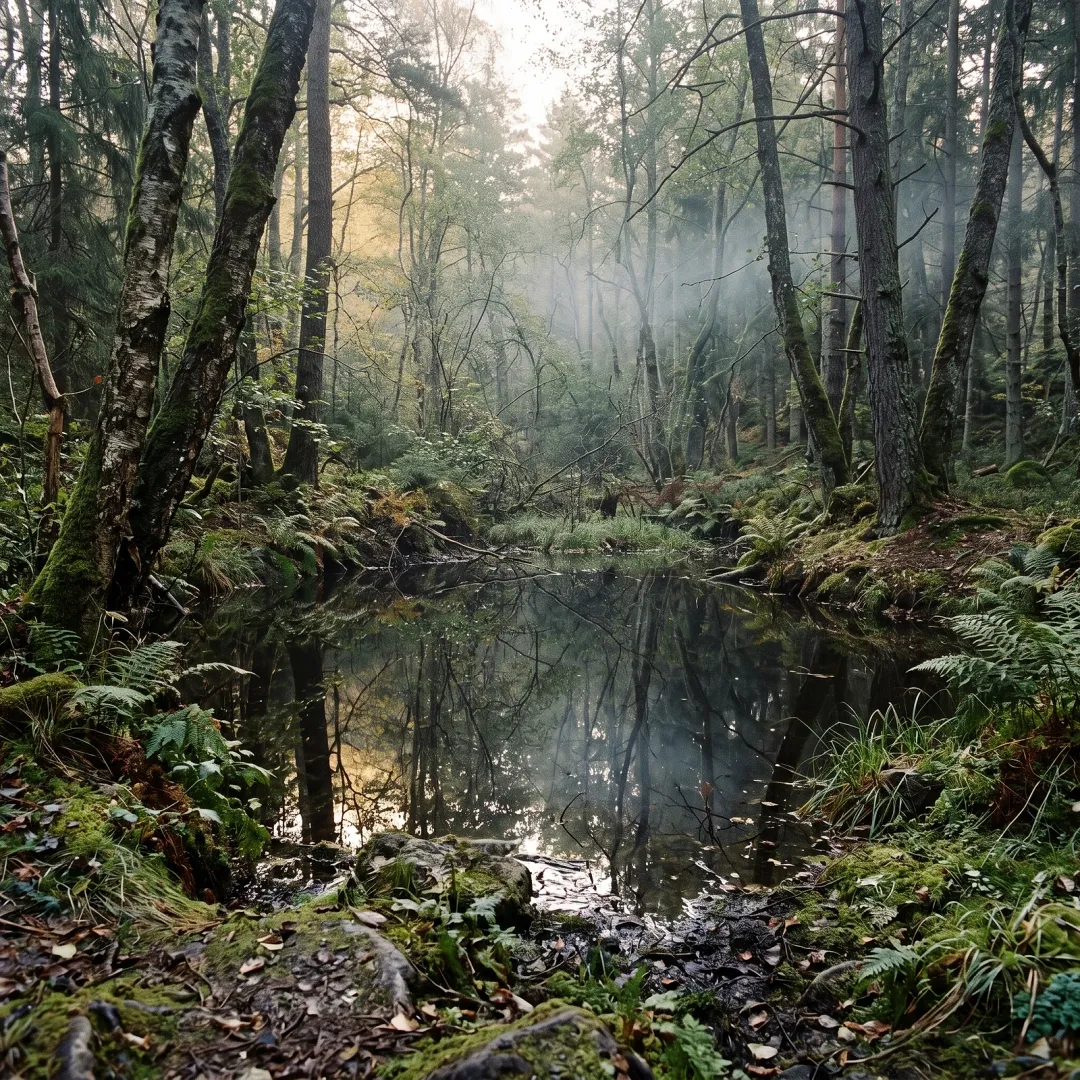 A still forest pool at dawn, glassy water holding a perfect reflection of the trees, ferns and moss at the edge.