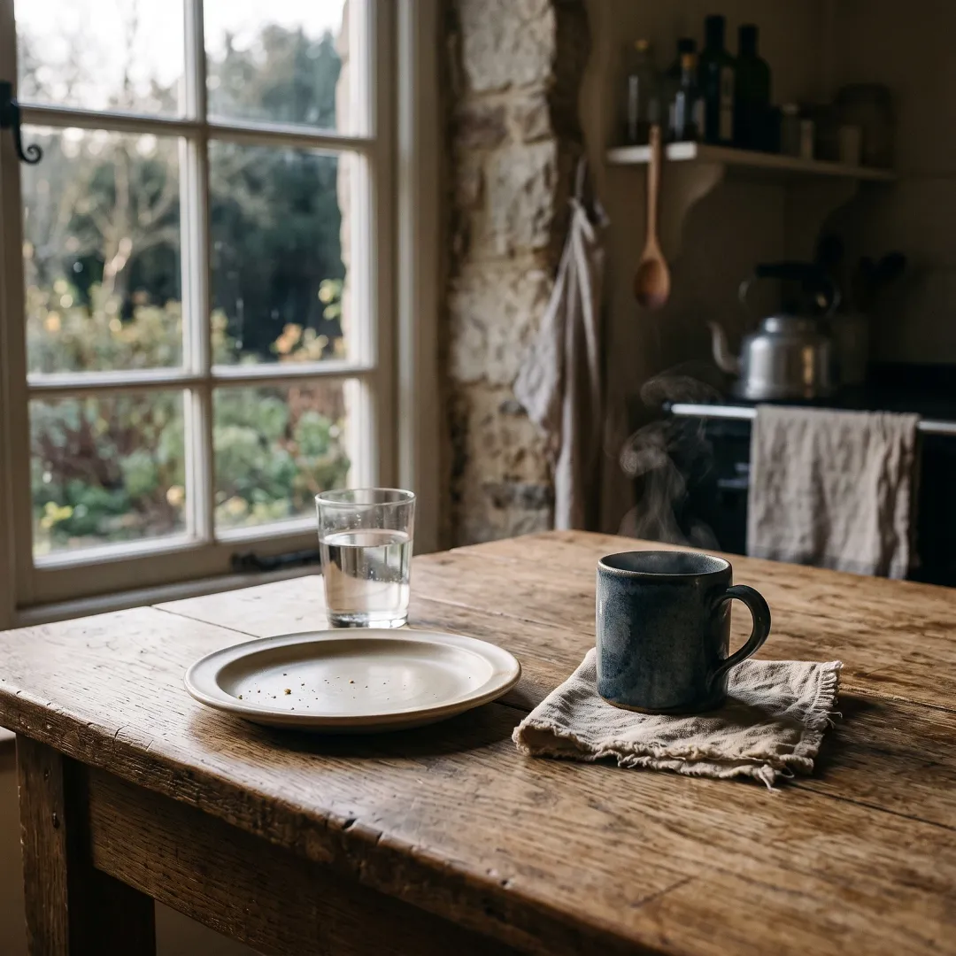 An empty plate and a glass of water on a bare wooden table, morning light across the grain, in a quiet kitchen by a window at first light. AI-generated image.
