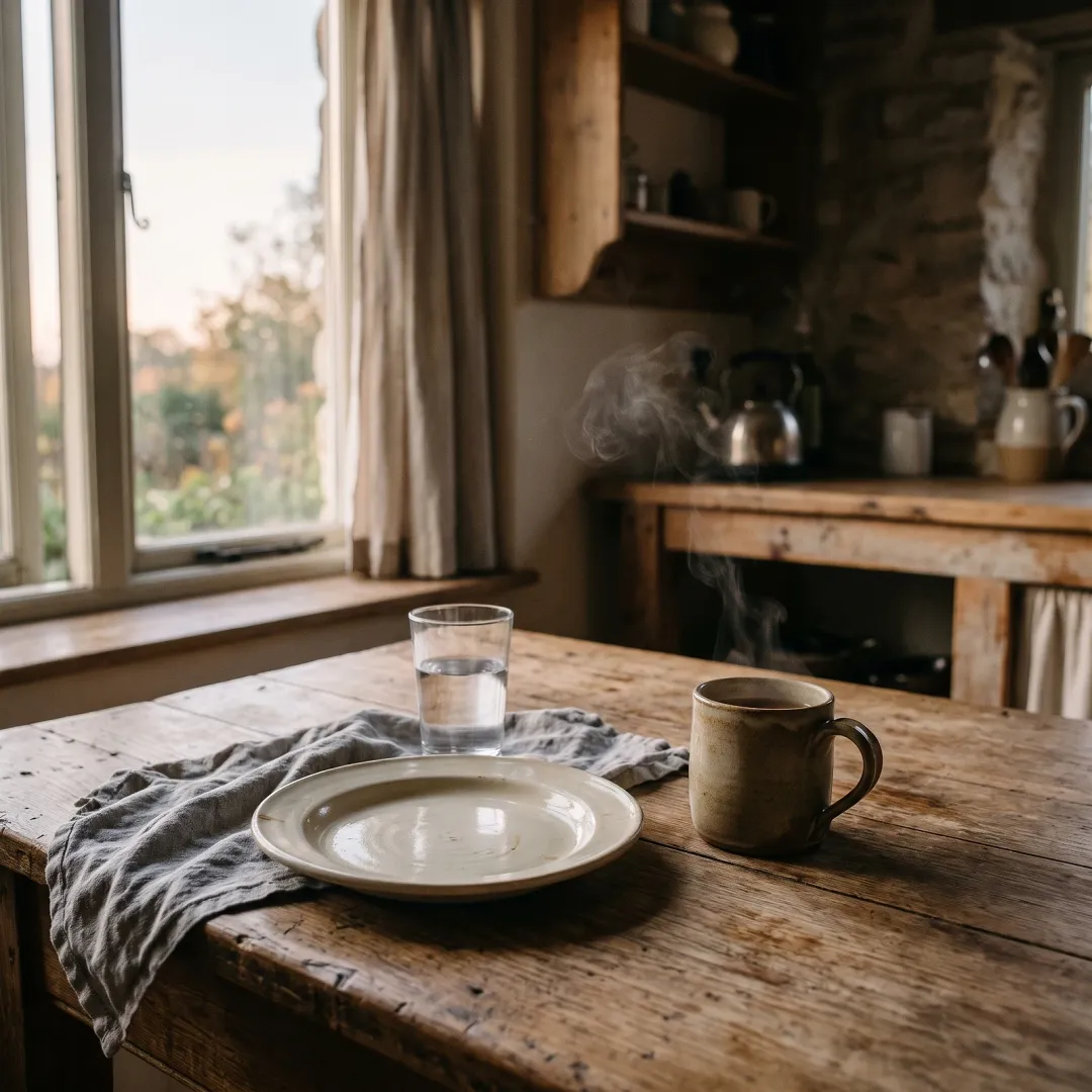 An empty plate and a glass of water on a bare wooden table, morning light across the grain, in a quiet kitchen by a window at first light. AI-generated image.