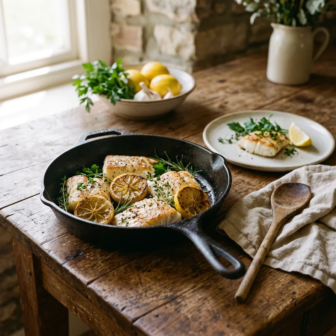 A cast-iron skillet of pan-seared fish with lemon and herbs on a plain plate, in a sunlit farmhouse kitchen with a worn wooden table.