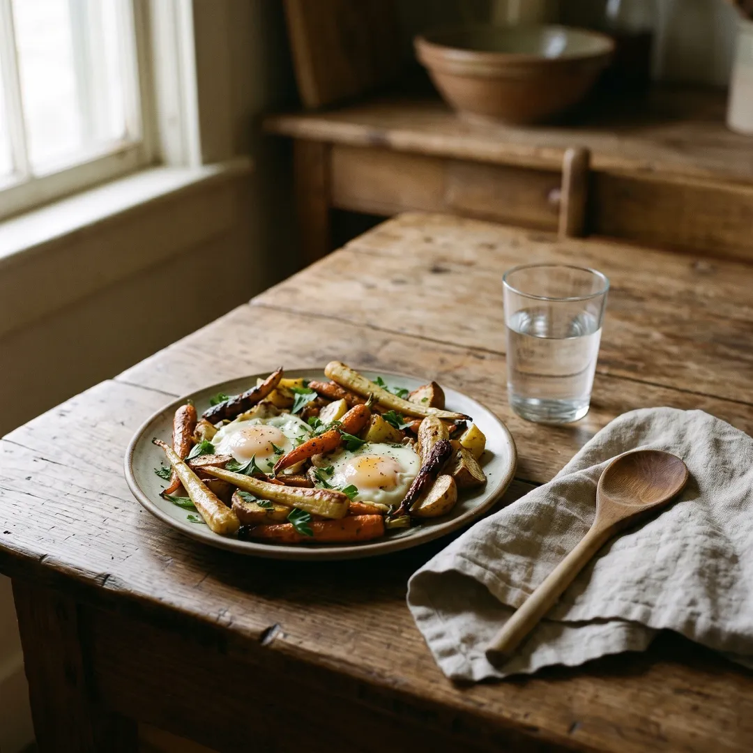 A plate of roasted vegetables and eggs beside a glass of water on a worn wooden table, in a sunlit farmhouse kitchen with a worn wooden table.