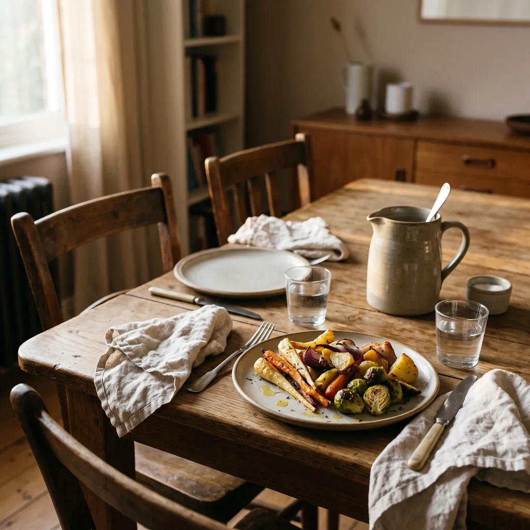 A simple set table with a plate of roasted vegetables, a cloth napkin and a glass of water, in a dining room with the table laid for more than one, in warm late-afternoon light.