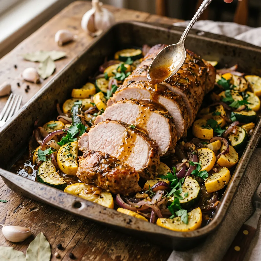 Adobo-Roasted Pork Loin on Herbed Summer Squash