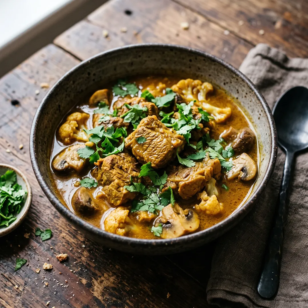 Garam Masala Lamb and Mushroom Stew with Wilted Cauliflower and Fresh Cilantro