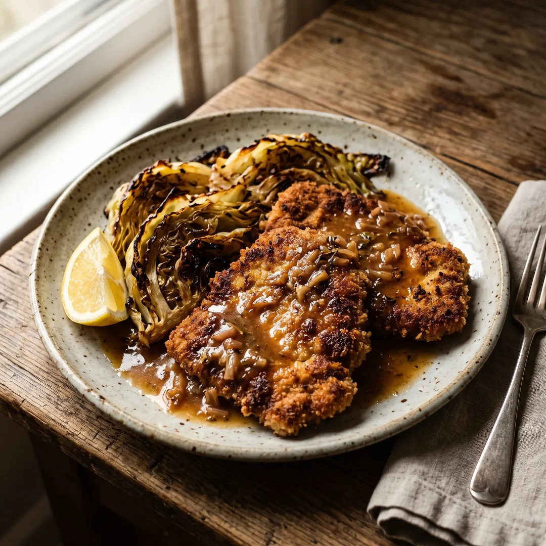 German Pork Schnitzel with Roasted Cabbage and Apple Cider Pan Sauce