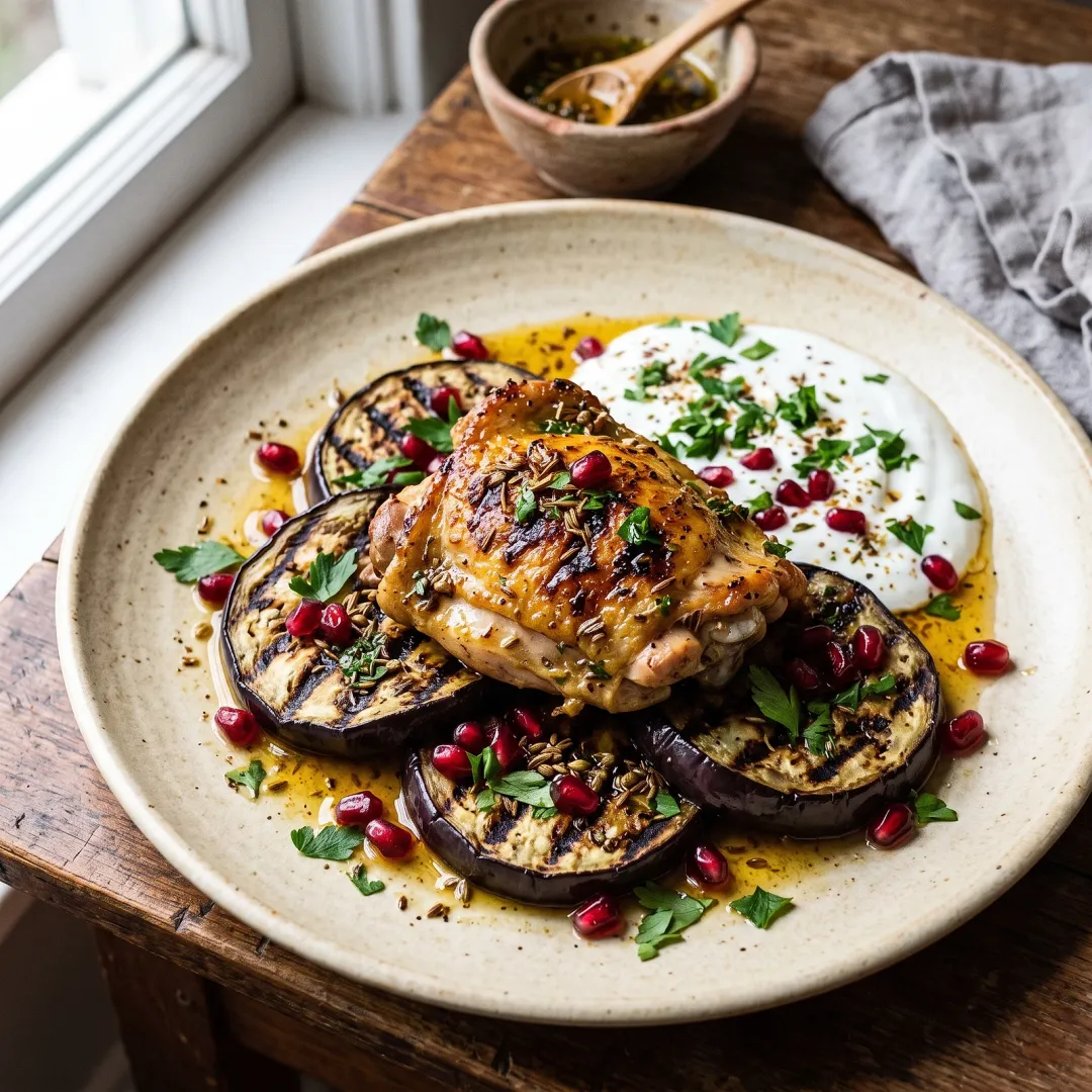 Grilled Chicken Thighs over Charred Eggplant with Warm Cumin-Coriander Herb Oil