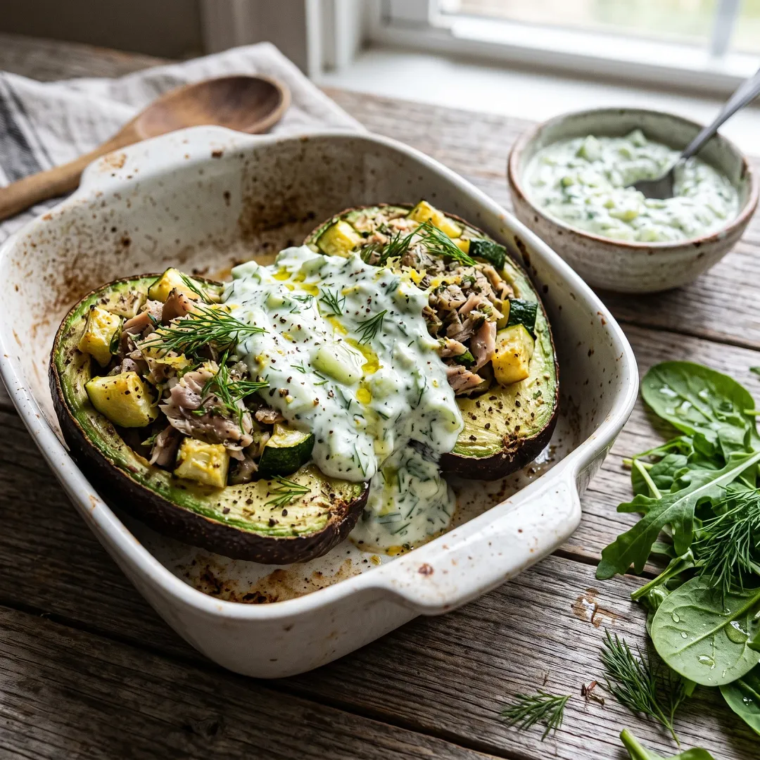Herb-Baked Mackerel Stuffed Avocados with Cucumber-Dill Tzatziki-Style Coconut Yogurt