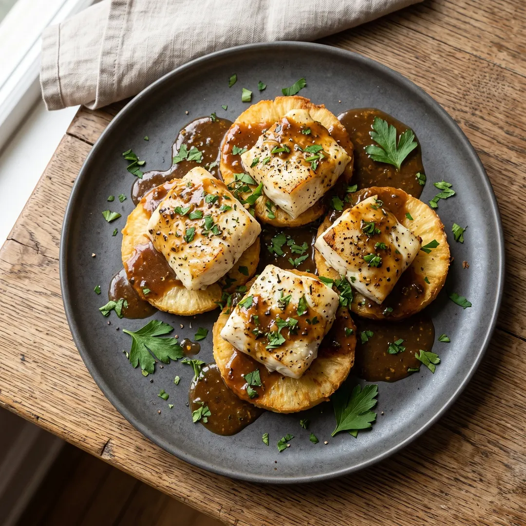 Herb-Roasted Cod on Crispy Yuca with Diner-Style Brown Pan Gravy