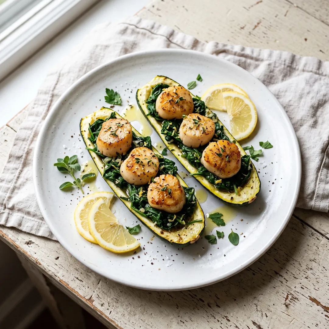 Lemon-Herb Baked Scallops on Wilted Spinach in Zucchini Cups