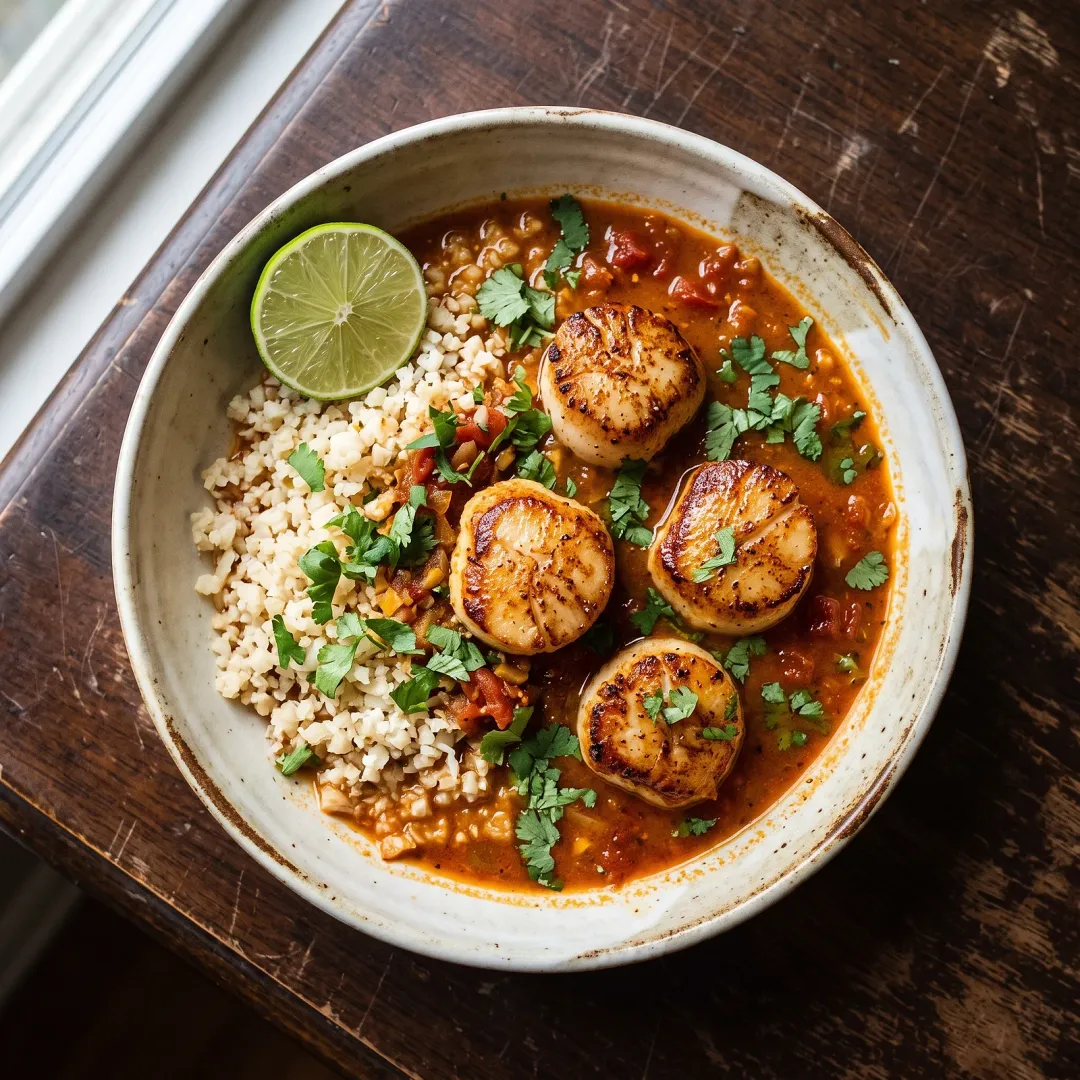 Pressure Cooker Scallops with Spiced Tomato Coconut Broth and Cauliflower Rice