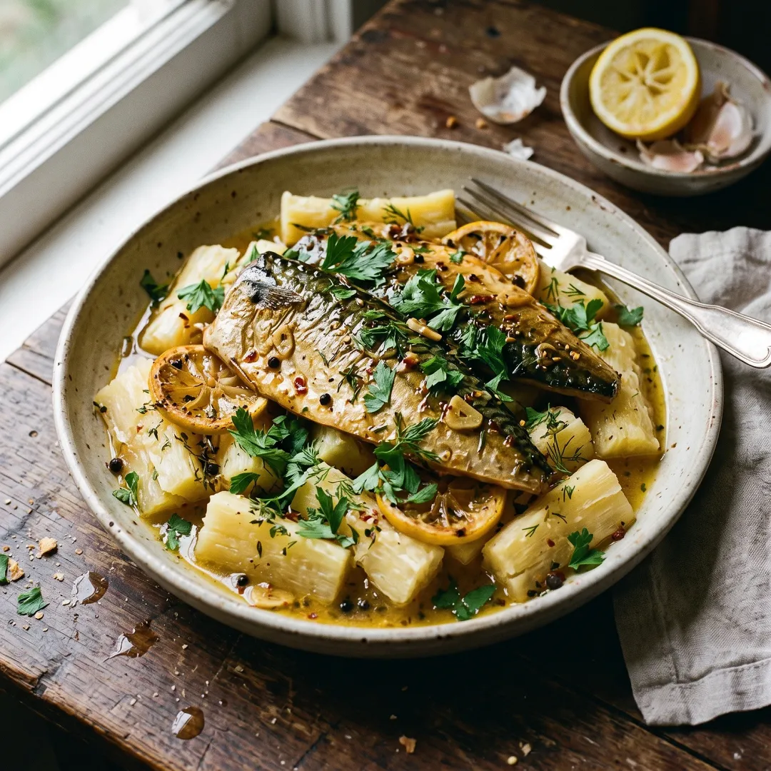 Slow-Braised Mackerel on Yuca with Garlic, Lemon, and Fresh Herbs