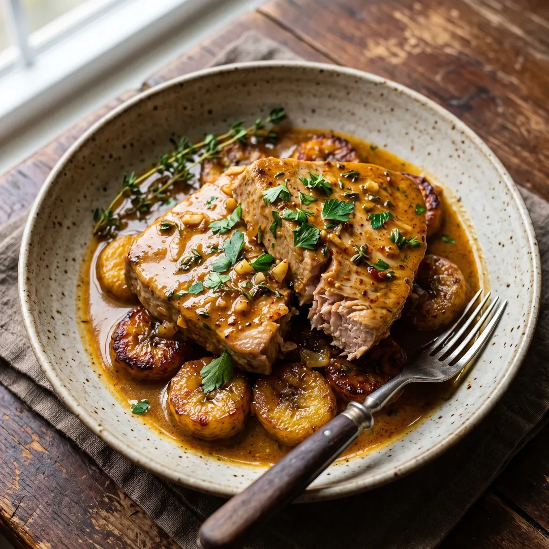 Slow-Braised Tuna Steaks on Caramelized Plantain with Smoked Paprika and Thyme