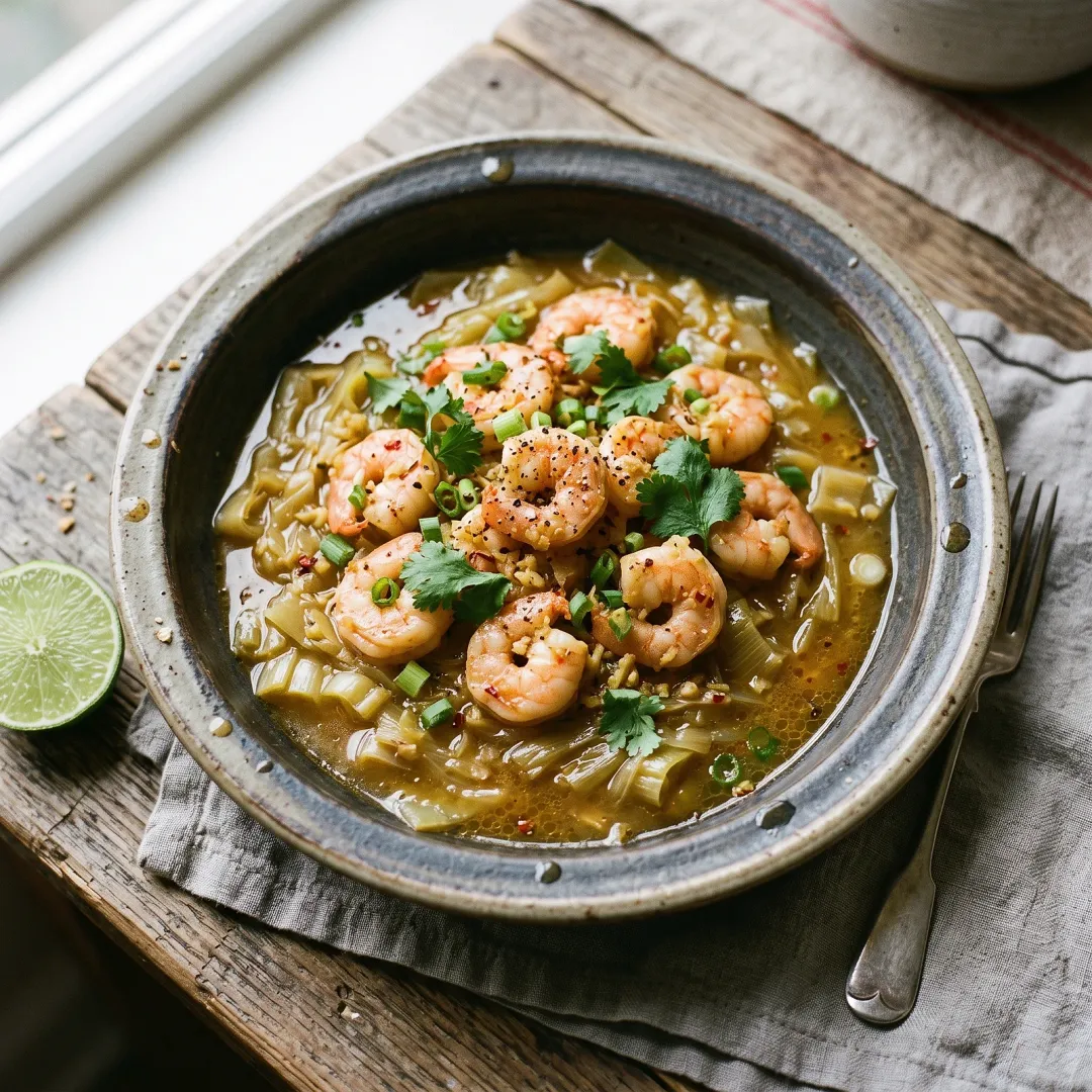 Slow-Cooked Ginger Garlic Shrimp on Braised Leeks