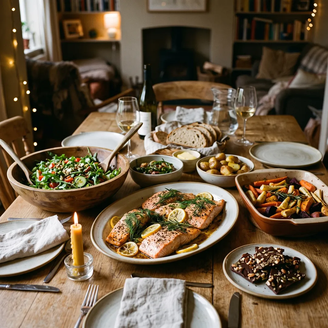 Real-Food Hosting Without the Lecture: 9 Practical Tips That Keep Dinner Easy and the Conversation Off Your Plate. AI-generated image.