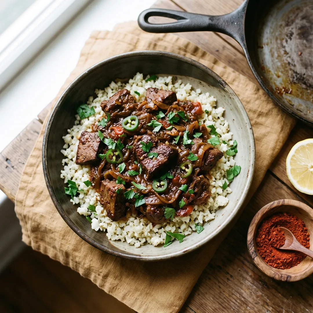 Ethiopian Spiced Beef Liver and Heart Tibs Lunch Bowl. AI-generated image.