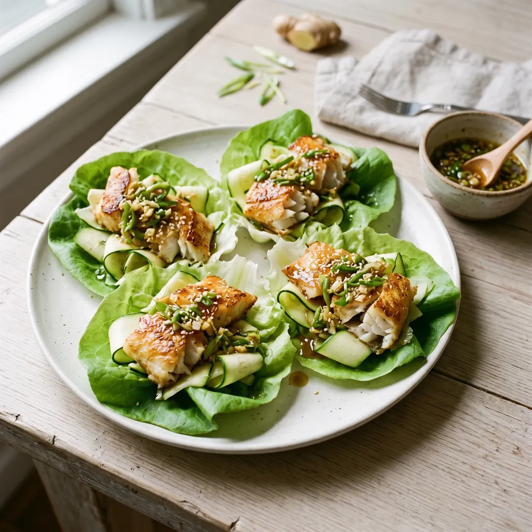 Ginger-Scallion Seared Cod in Butter Lettuce Cups with Shaved Zucchini
