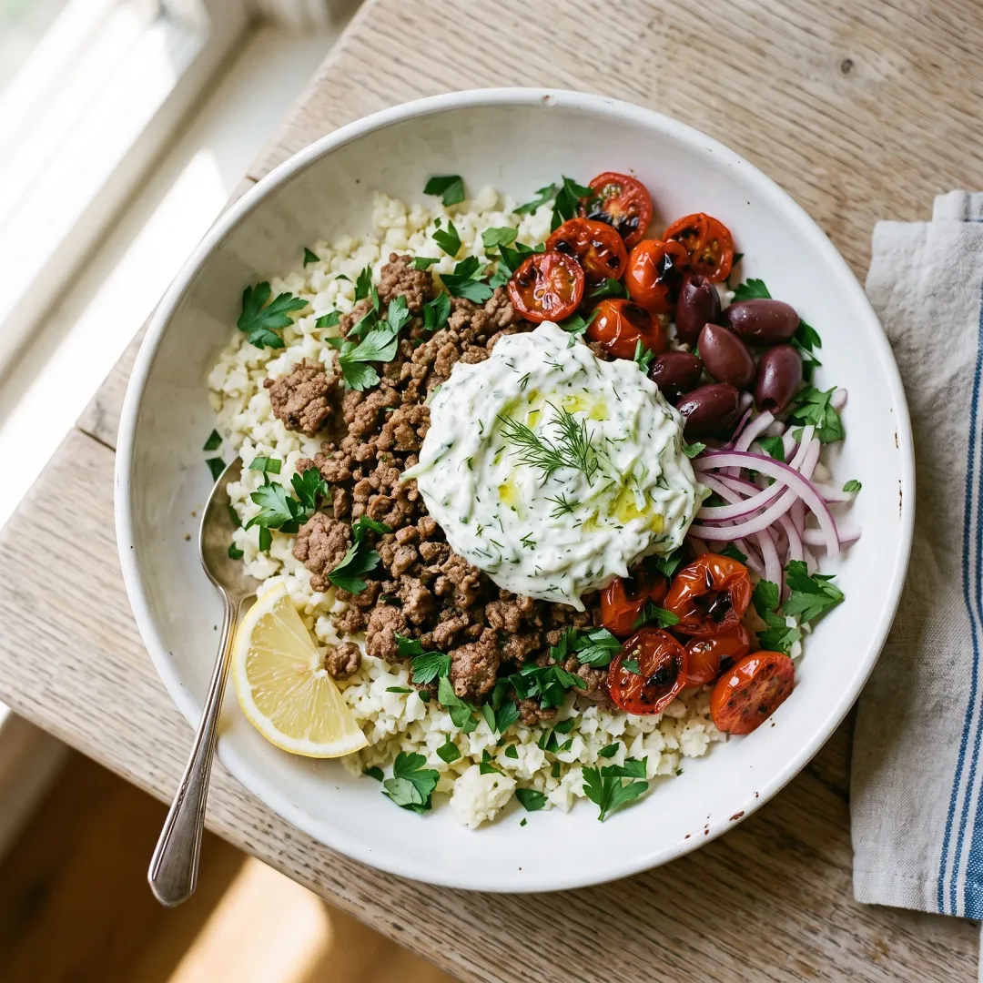 Greek Bison Lunch Bowl with Tzatziki Cauliflower Rice