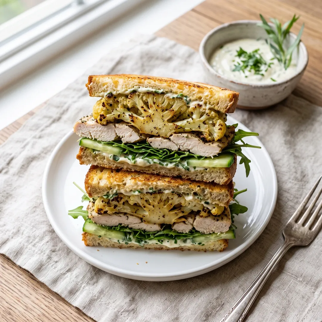Grilled Cauliflower Steak Sandwich with Herbes de Provence Chicken and Dijon-Free Herb Aioli on Cassava Bread