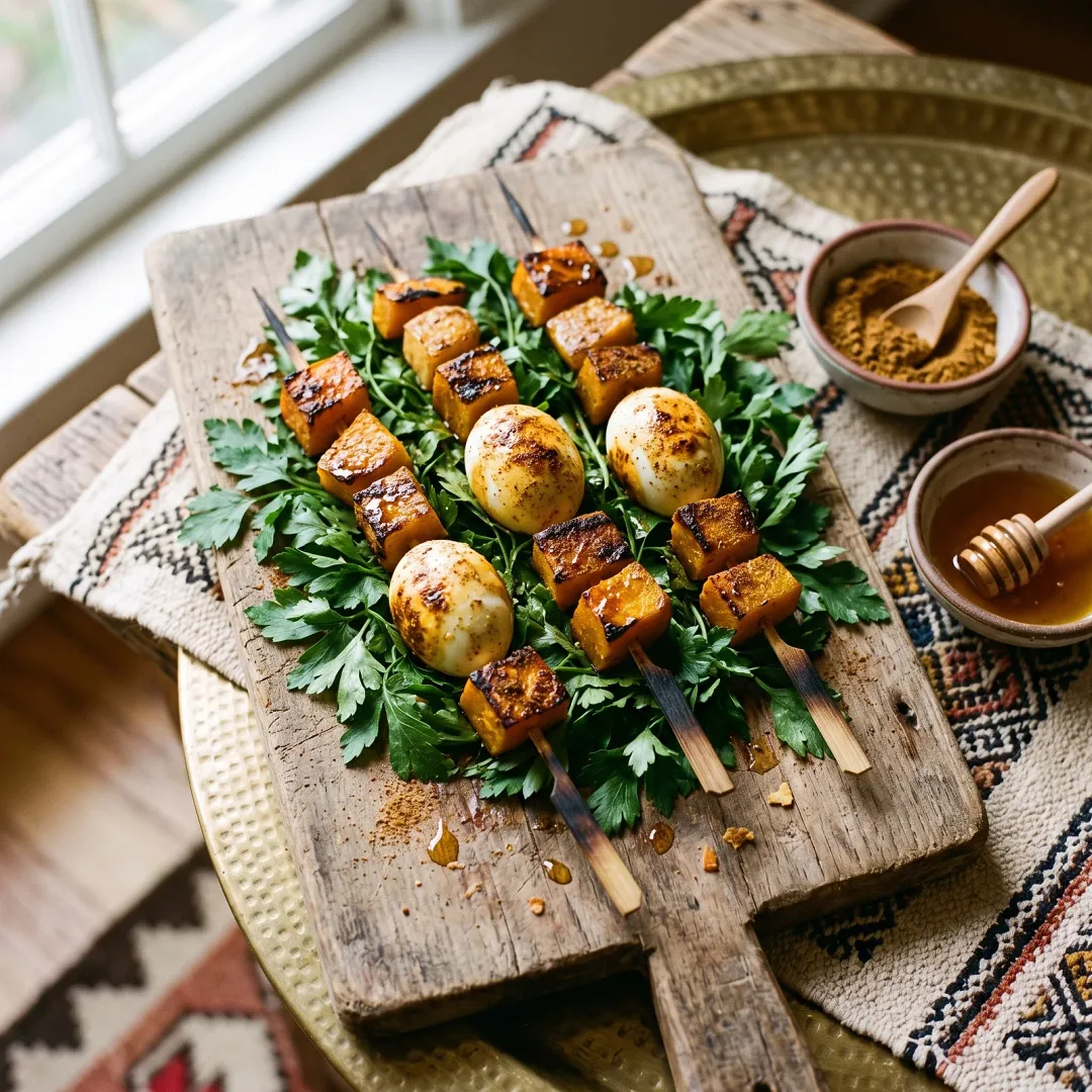 Grilled Egg and Kabocha Squash Skewers with Ras el Hanout and Fresh Herbs